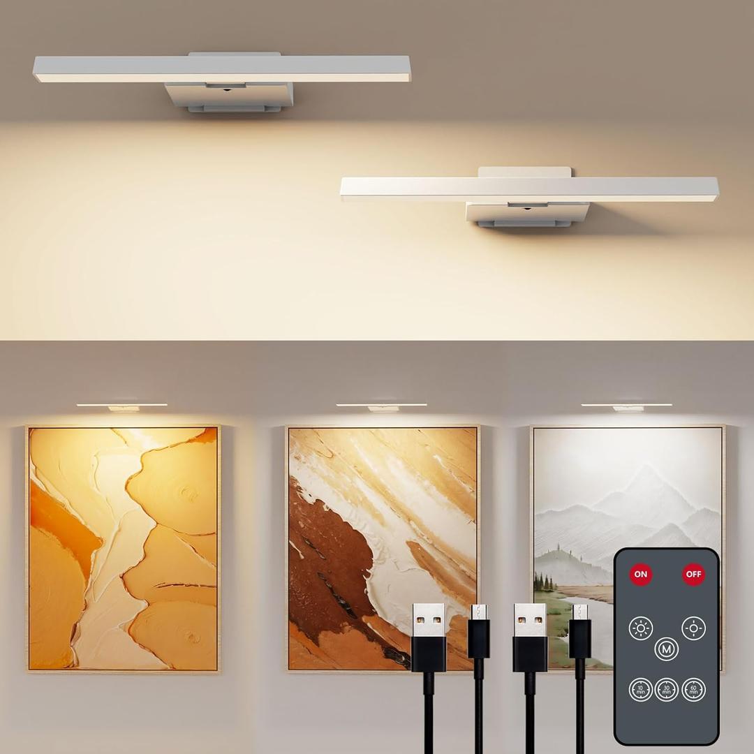 2 Pack Picture Lights for Wall, 6000mAh Battery Operated Wall Sconce, Led Wall Lights with Remote Control, 3 Color Temperature, Dimmable, Art Light for Painting, Frame, Gallery, Dartboard (White)