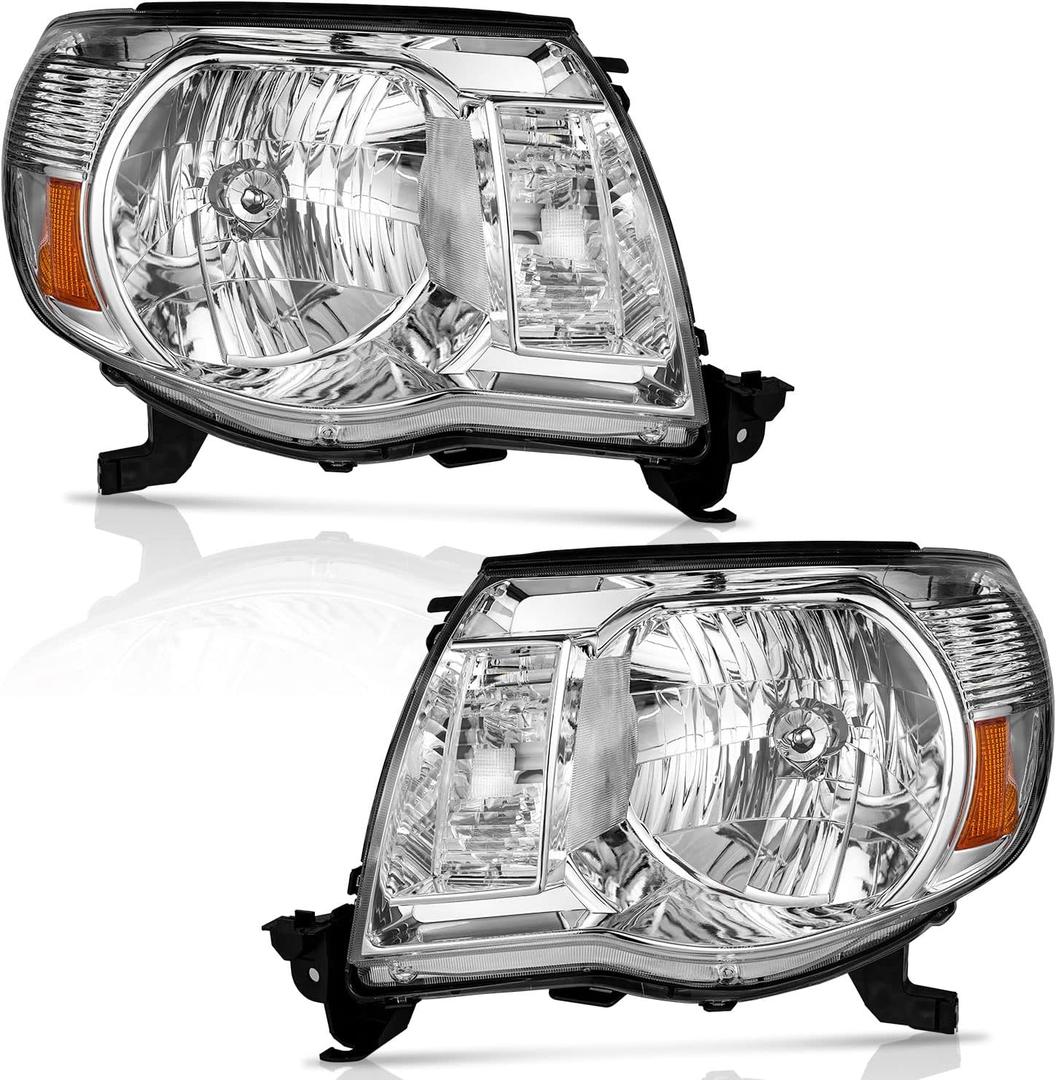 for 2005-2011 Tacoma Headlights Assembly Compatible with 2005 2006 2007 2008 2009 2010 2011 Tacoma Headlight Replacement Automotive (Clear Lens I Chrome Housing I Amber Reflector)