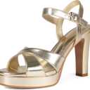 Platform High Heels for Women Strappy Chunky Heels Sandals for Women Open Toe Block Heeled Sandals with Ankle Strap Summer Dress Shoes (Gold), 7