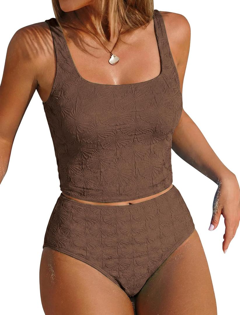 ZAFUL Womens Tankini Swimsuits Two Piece Tummy Control Bathing Suits Textured Tankini Swim Top with High Waisted Bottom (Brown, S)