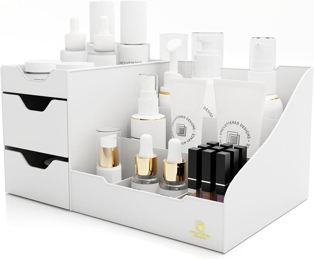 Uncluttered Designs Large Makeup Organizer for Vanity - Countertop Desk With Drawers for Cosmetic, Beauty, Hair, Nail, Perfume & Skincare - Perfect for Bathroom & Bedroom Storage (White)