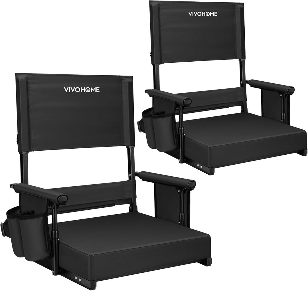VIVOHOME Height Adjustable High Back Stadium Seats with Back Support and Cushion, 2 Pack Portable Bleacher Chairs with Cup Holder and Shoulder Strap, Black, 17in X 18in X 23.6in