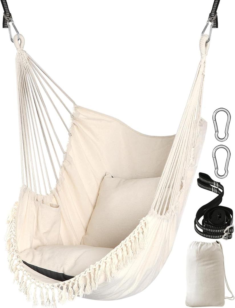 Chihee Hammock Chair Hanging Swing 2 Pillows Included,Strong Webbing Straps and Hooks for Easy Hanging Soft Cotton Hanging Chair Side Pocket Tassel Chair Comfort Indoor Outdoor (White)