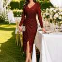 Bbonlinedress Women Sequin Long Evening Prom Cocktail Dress Maxi Split Glitter Sparkly Formal Wedding Guest Dress (Red, L)
