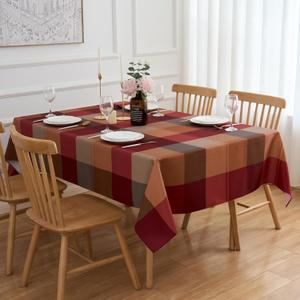 Rectangle Tablecloth 60" x 84" Winter Brown Plaid Table Cloth - Oblong Autumn Polyester Red Brown Harvest Checkered Gingham Christmas Table Cover Reusable Water Resistant for Fall Thanksgiving Holiday