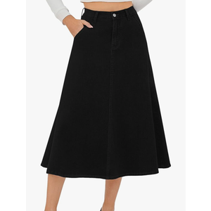 HUSKARY Women's Stretchy High Wasited A Line Long Maxi Jean Skirt Below Knee Length Flared Midi Denim Skirts with Pockets, Large