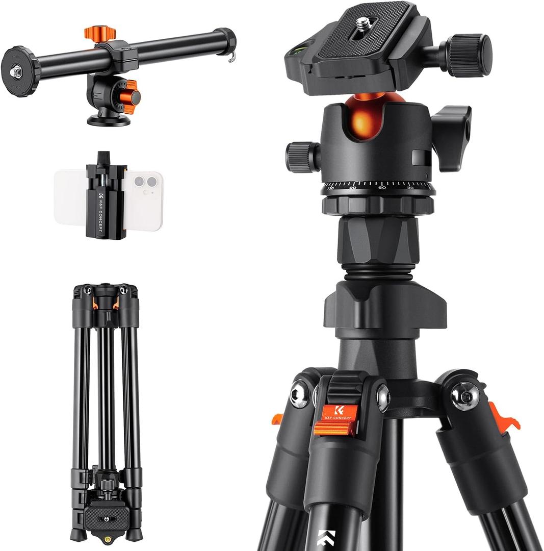 K&F Concept 76 inch Camera Tripod with Rotatable Multi-Angle Center Column,Lightweight Travel Outdoor DSLR Tripods with 360 Degree Ball Head Load Capacity 8kg/17.6lbs, Cellphone Clips for Smartphone (76" height/8kg load+Extension Arm)