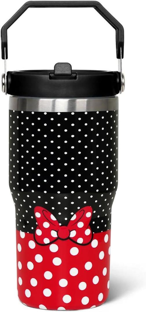 Cartoon Mouse Tumbler 20 Oz With Flip Straw Handle Red Bowknot Cup | Stainless Steel Insulated with Top Handle Red Bowknot Travel Coffee Mug - Birthday,Christmas Gift