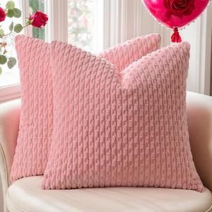 Kevin Textile Valentines Day Decorative Pillow Covers Set of 2 Striped Plush Corduroy Pillows Pillowcases Boho Home Decor Cushion Covers for Couch Sofa Bed Living Room 18x18 Inch, Dark Pink