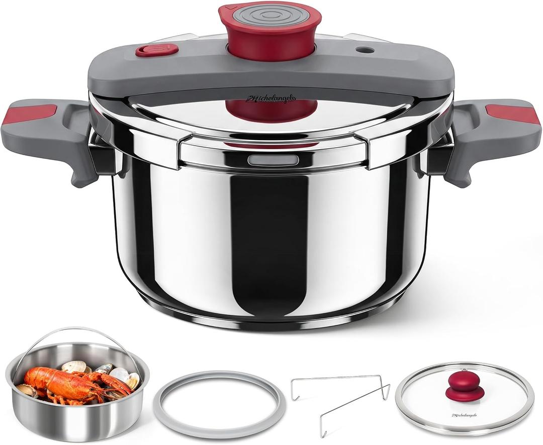 MICHELANGELO Stovetop Pressure Cooker Stainless Steel, 4.2 qt, 304 Stainless Steel, 6-Fold Safety System, One-Hand Easy-Open Lid, 2 Pressure Settings, Steamer Basket & Glass Lid, Induction Compatible