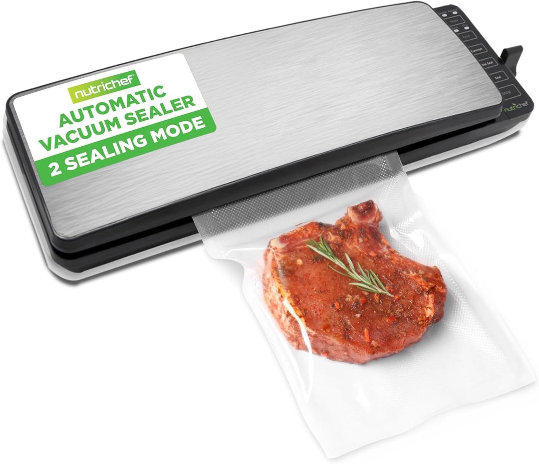 NutriChef Automatic Food Vacuum Sealer Machine - Electric Air Sealing Preserver with 5 Reusable Bags, LED Controls, High-Power Suction, for Dry & Moist Foods, Stainless Steel Housing (16.3 x 5.31 x 3.2 inches, Silver/Black)