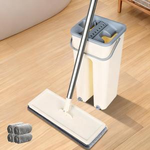 Mop and Bucket with Wringer Set, 4 Washable Microfiber Pads Included, Hands Free Flat Floor Mop and Bucket, Wet and Dry Use, Home Cleaning System for All Floor Types and Windows