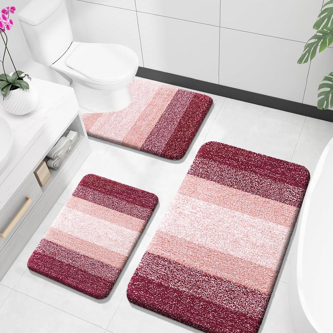 OLANLY Bathroom Rugs Sets 3 Piece, Soft Absorbent Microfiber Bath Mats and U-Shaped Contour Toilet Rug, Plush Shaggy Bath Mat Set for Bathroom (36"x24"+24"x16"+24"x20", Red)