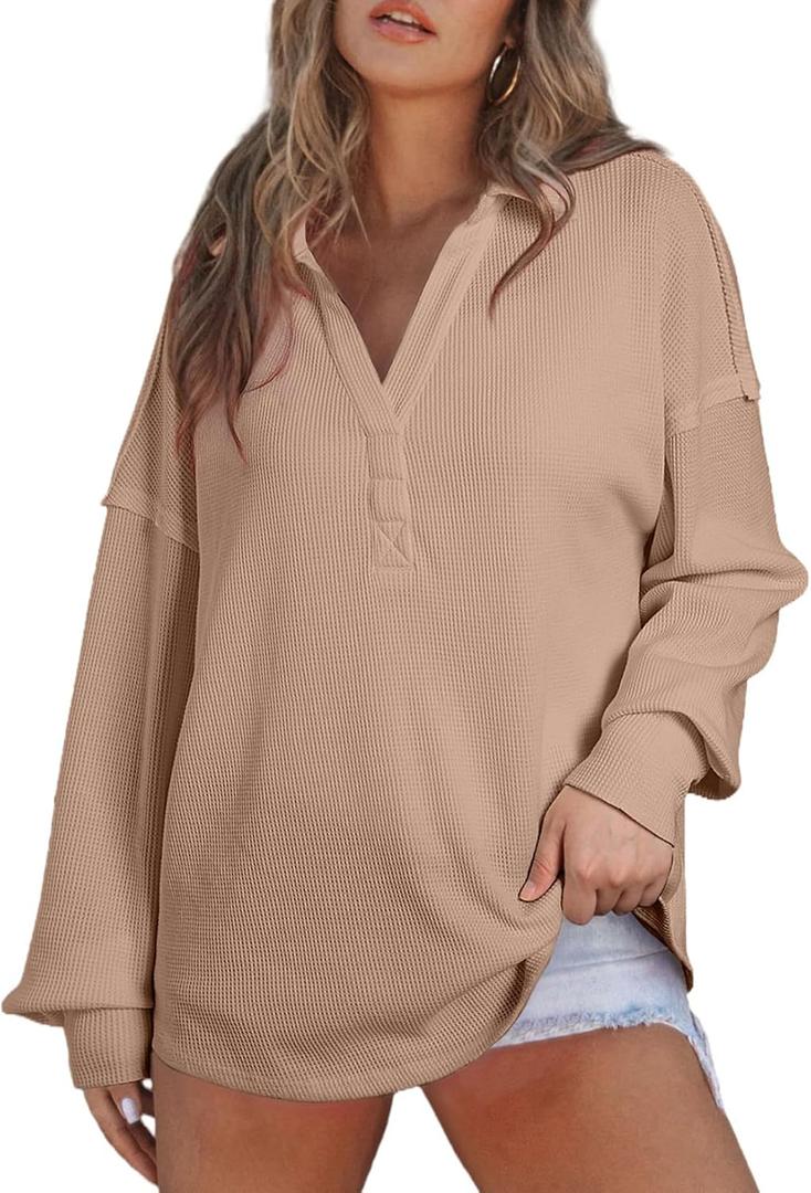 AlvaQ Womens Oversized Sweatshirt Loose V Neck Long Sleeve Lapel Collared Waffle Knit High Low Pullover Tops (Brown, L)