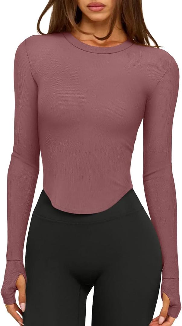 LASLULU Womens Long Sleeve Workout Tops Crop Tops Crew Neck Ribbed Slim Fitted Breathable Running Yoga Going Out T-Shirts (S)