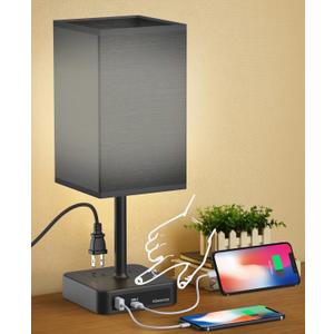 Bedside Table Lamp with Touch Control & USB C+A Charging Ports LED Desk Lamp with 2 AC Outlets, Minimalist Nightstand Light with Black Fabric Shade for Bedroom, Living Room, Office, Black
