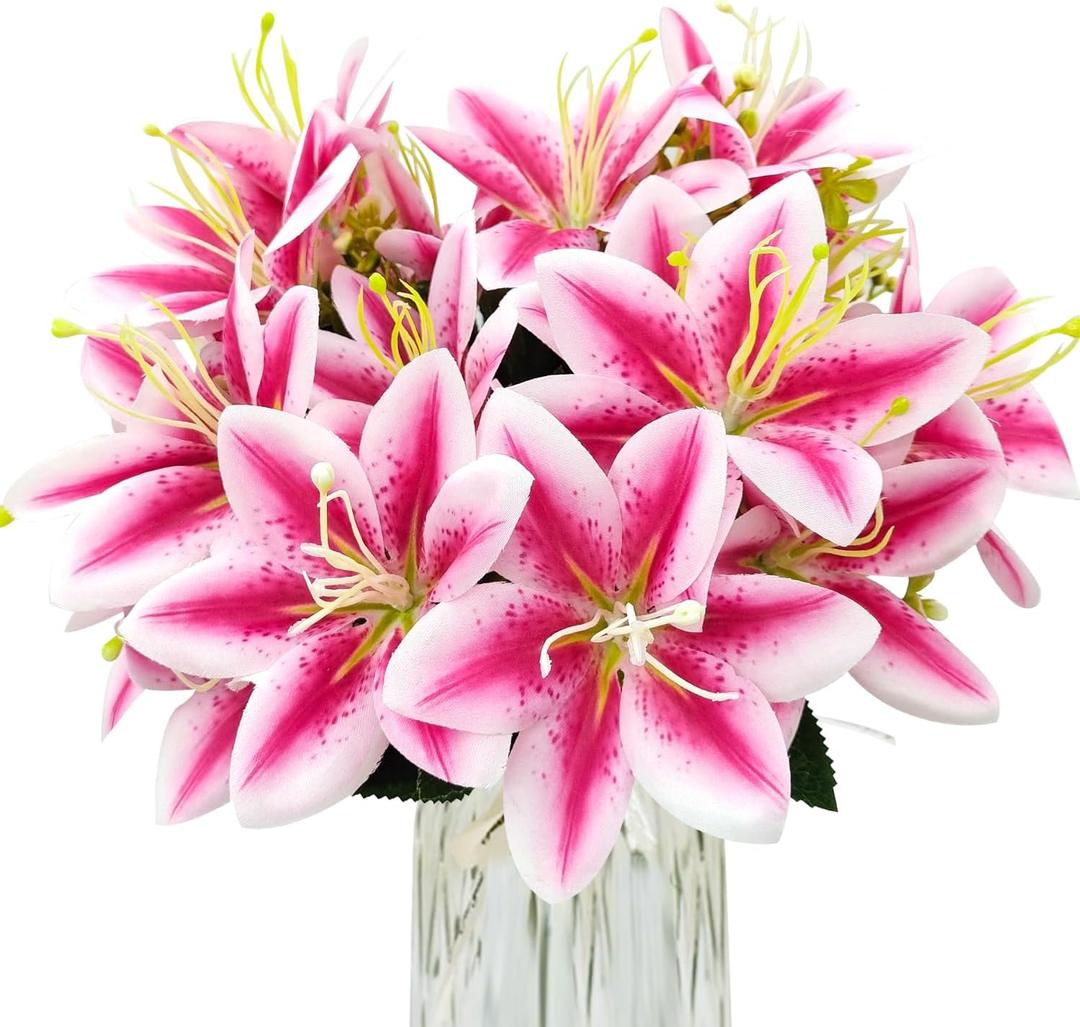 4 Bundles Artificial Tiger Lily Silk Flowers Faux Fake Lilies Plants for Wedding Bouquet Home Party Indoor Table Hotel Office Vases Floral Arrangements Outdoor Garden Decor (Rose Red)