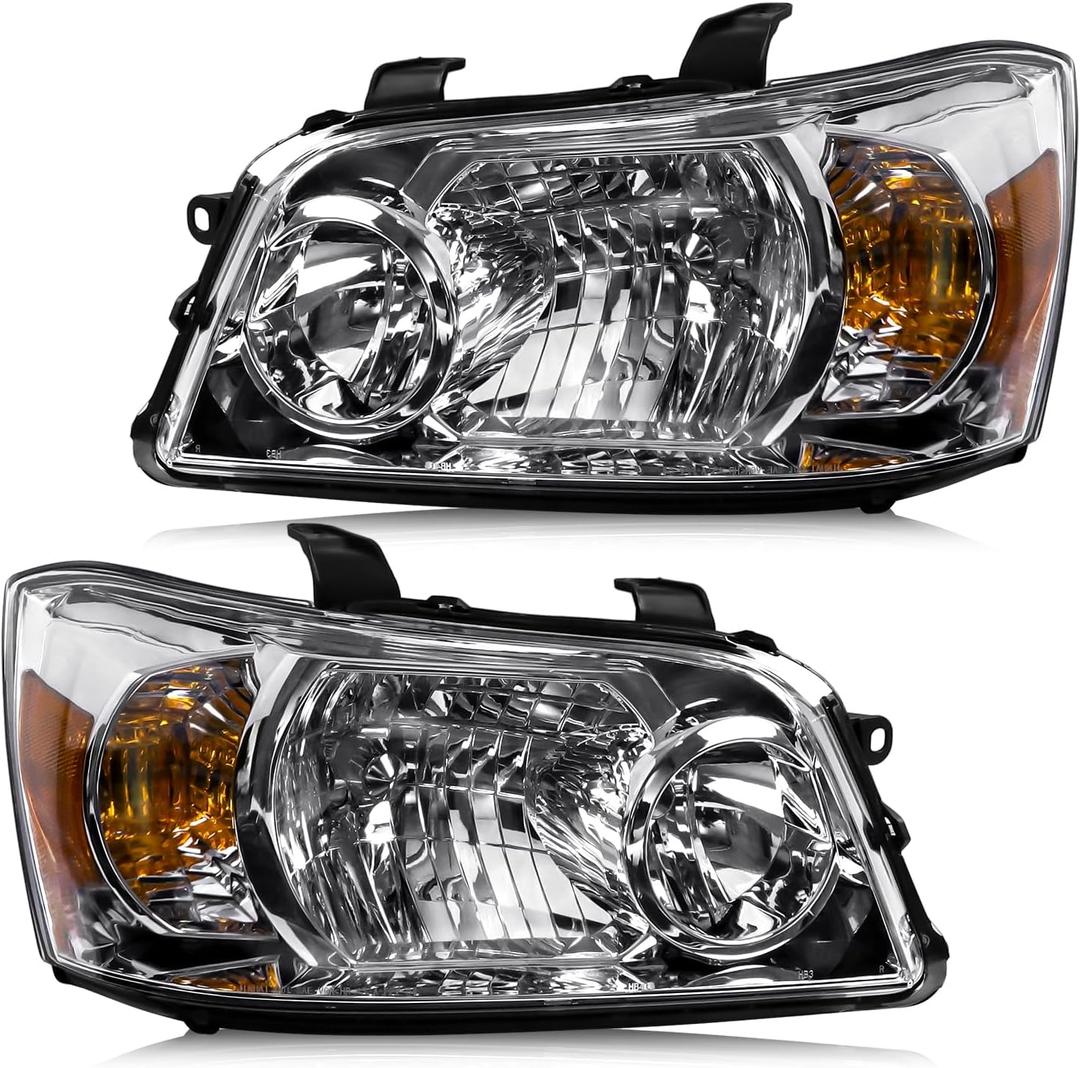Headlight Assembly Compatible with Toyota Highlander 2001-2007, Halogen Headlamp Replacement Without Bulbs for 81130-48150 81170-48150 81130-48280 81170-48280, Chrome Housing Amber Reflector
