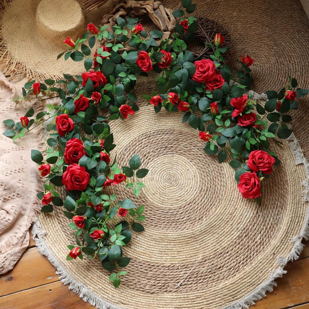 5.9FT Bendable Rose Flower Garlands, Artificial Silk Wild Roses Vine Hanging Flowers for Wall Fireplace Fence Table centerpieces Trellis Wedding Indoor Outdoor Spring Decor (Red, 2)
