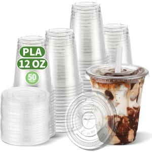 12 OZ Compostable Clear Plastic Disposable Iced Coffee Cups with Flat Lids, Biodegradable Cold Drinking Cups To Go Coffee for Party, Smoothie, Boba Tea, Slushy, Lemonade 50 Sets