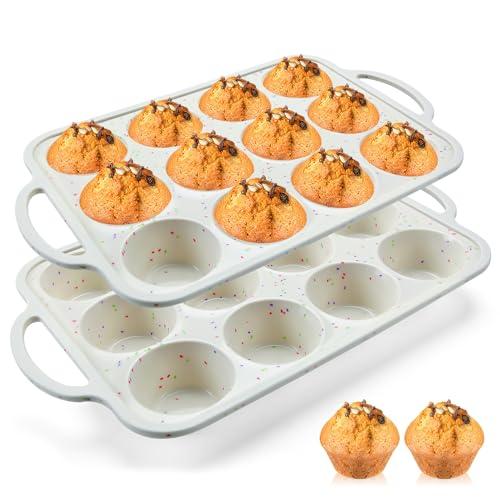 Vinino 2Pack Silicone Muffin Pan for Baking with Metal Reinforced Frame, 12 Cup Regular Size Cupcake Pan, BPA Free Silicone Muffin Tray, Cupcake Baking Pan Bite Molds for Oven Dishwasher Safe