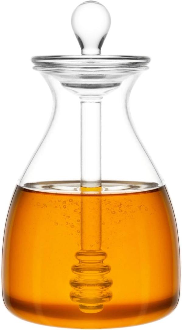 Mkono Honey Dispenser Glass Honey Pot Honey Jar with Dipper Sticks and Lid Cover Honey Containers Holder for Home Kitchen, 14 Ounces