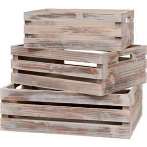 SENRYEE Large Size Wood Crates for Storage, Decorative Vintage Walnut Wooden Boxes for Display, Handmade Solid Wood Set of 3 Rustic Crates