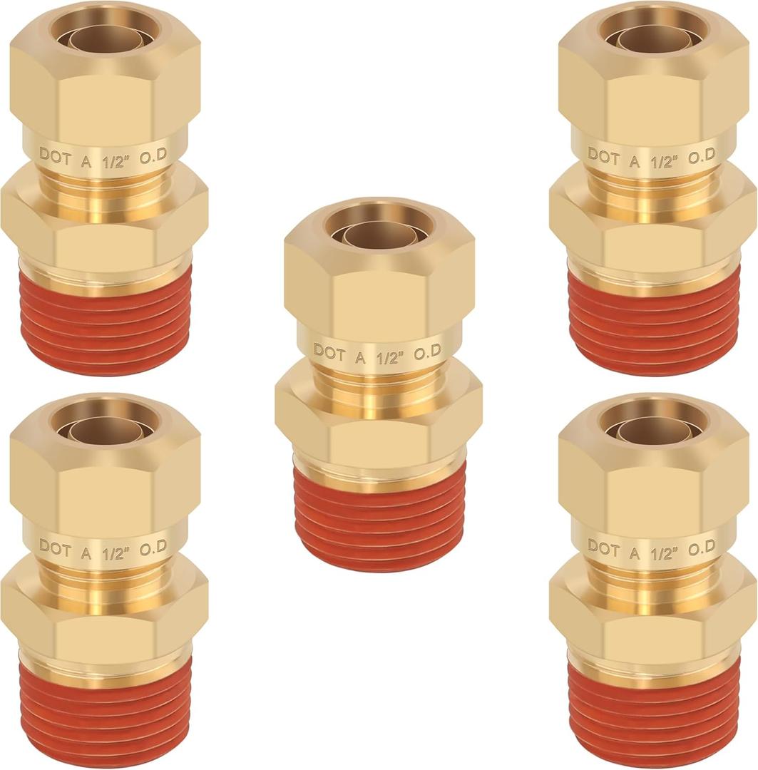 5PCS 1/2" Tube OD x 1/2" NPT Thread Connect Fittings Brass Union Straight Joint DOT Approved, Air Line Adapter Air Suspension Kit for Truck Trailers and Air Brake System