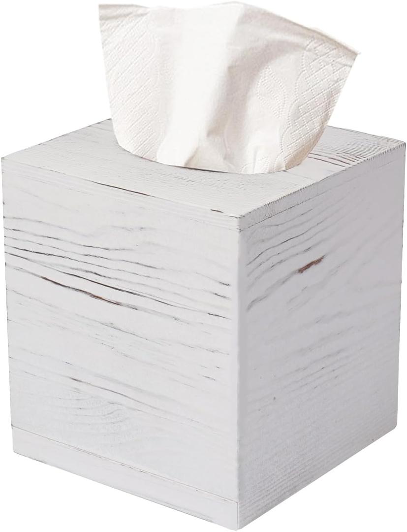 Tissue Box Cover Square, Rustic White Wooden Tissue Box Holder for Kleenex - Facial Tissue Holder for Bathroom, Bedroom, Office, Vanity (5.5*5.5*6.0 inch)