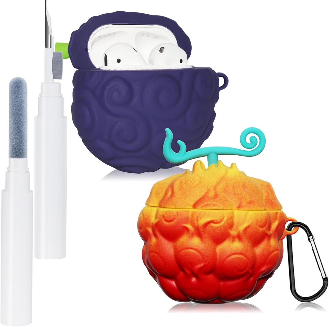 [2Pack] Fruit Cover for AirPods 2 Case Kit Cute Animal, Cleaning Pen 3D Cartoon Silicone Protective Accessories Set for Devil Fruit for AirPods 1st /2nd Generation Case Boy Girl(Purple&Red Yellow)