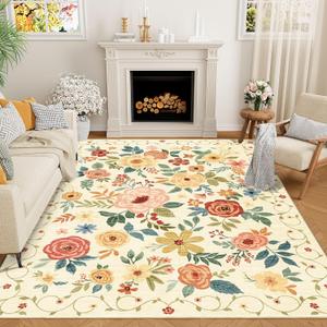 DUKINO 5x7 Area Rug, Floral Rugs for Living Room, Lightweight Non Slip Washable Rug, Indoor Low Pile & Non-Shedding Boho Design Rugs for Bedroom, Living Room, Dining Room, Beige Yellow