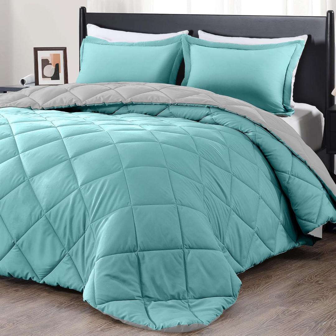 downluxe Queen Comforter Set - Turquoise and Grey Queen Comforter, Soft Bedding Sets for All Seasons -3 Pieces - 1 Comforter (88"x92") and 2 Pillow Shams(20"x26")