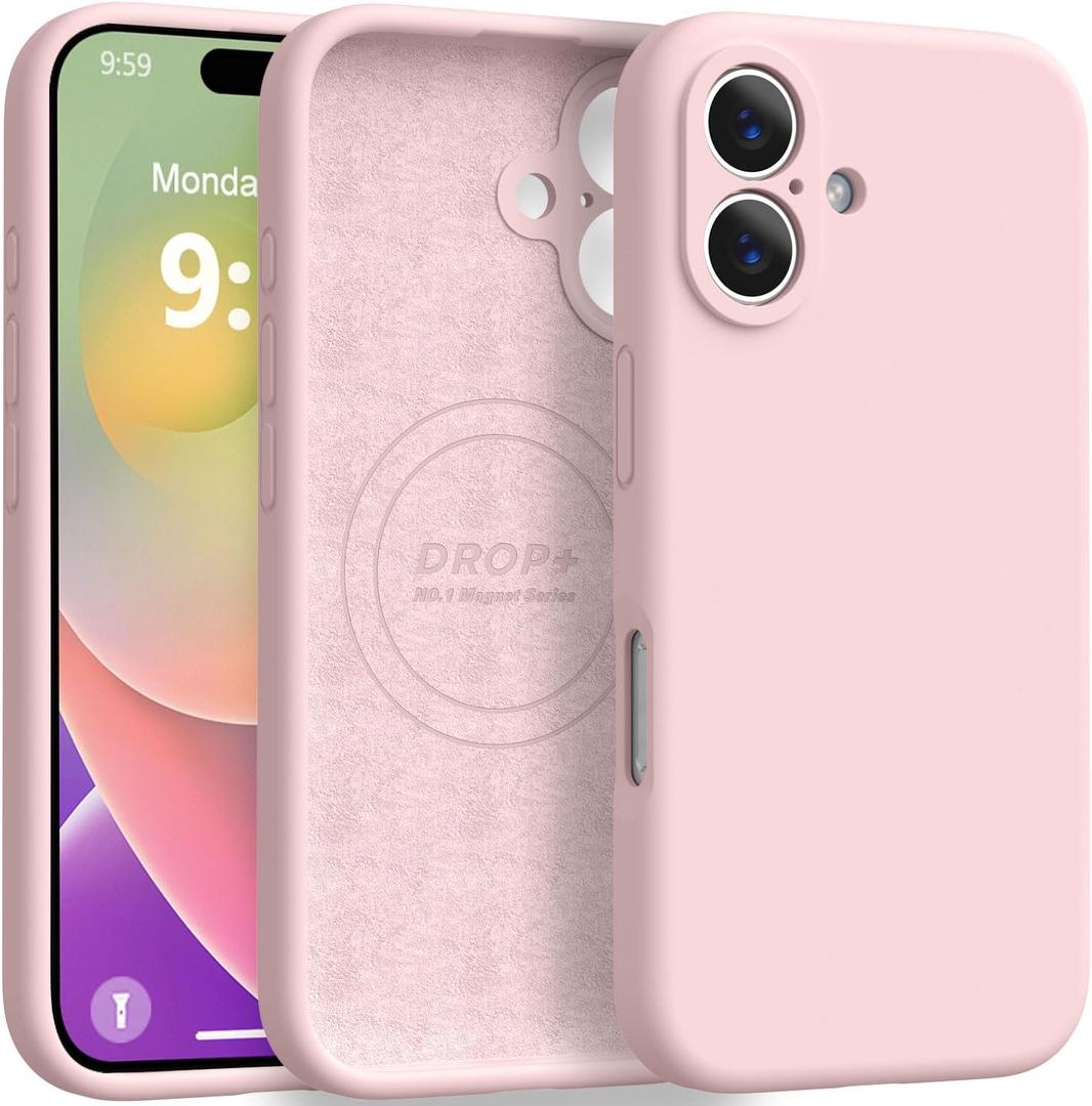 Magnetic for iPhone 16 Case [Compatible with Magsafe] [Premium Silicone Satin-Smooth Touch] Slim Shockproof Anti-Scratch Microfiber Lining Case, 6.1 inch, Chalk Pink