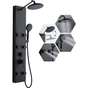 ROVATE Shower Panel Tower System with Adjustable 6 Body Jets, Matte Black
Stainless Steel Shower Column with Height Adjustable Shower Arm, Self-Cleaning Rainfall Shower & Handheld, Rough-in Valve