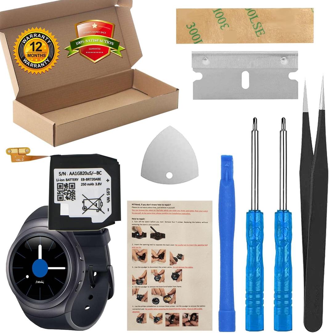 ASDAWN Replacement for Samsung Galaxy Gear S2 Battery, EB-BR720ABE Battery for Gear S2 SM-R720 / Gear S2 Classic SM-R732 with Repair Tool Set + Installation Instruction ASDAWN Replacement for Samsung Galaxy Gear S2 Battery, EB-BR720ABE Battery for Gear S2 SM-R720 / Gear S2 Classic SM-R732 with Repair Tool Set + Installation Instruction