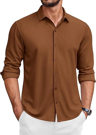 COOFANDY Mens Casual Button Down Shirt Long Sleeve Wrinkle Free Shirts Stretch Dress Shirt Size XL Brown