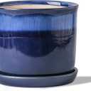 8 Inch Plant Pot: Ceramic Planter with Drainage Hole & Saucer for Indoor Outdoor Plants - Flowerpot with Bonded Tray for Home Office - Blue Reactive Glaze