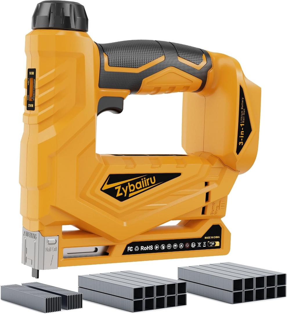 3-In-1 Cordless Nail Gun - Compatible with DEWALT 20V Battery - 18 GA Electric Brad Nailer with 1000 x 18GA Nails & 1000 x T50 Staples & 1000 x 1014J Staples for Wood & Home DIY (No Battery)