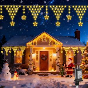 Christmas Lights, 218 LED 13.8ft Christmas Curtain Lights, Outdoor Balcony Decorations with 12 Twinkle Star Drops, Waterproof 8 Modes Indoor Net Decor for Fence Roof Railing Wall Decor (Warm-White)