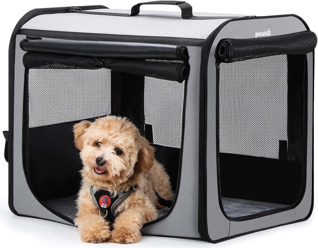 Dog Car Carrier Light Weight, Dog Carrier for Car, Portable Dog Car Crate with Breathable Windows, Foldable Pet Carrier for Both Indoor and Outdoor Use, Dog Travel Crate with Curtain Gray