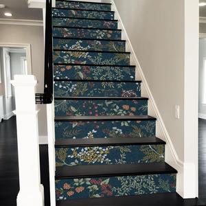 REDAMANCY Vintage Dark Navy Botanical Plants Flowers Leaf Peel and Stick Vinyl Stair Riser Decals Staircase Tile Stickers Decor Modern Marble Decoration Self-Adhesive(14 Pcs)