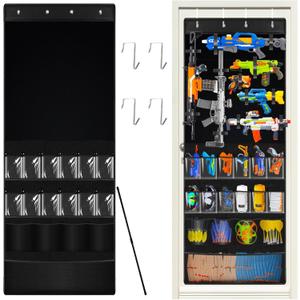 Over the Door Organizer for Gun Toy Storage, Large Door Organizer Hanging for Kids Foam Blaster, Darts, Goggles Holder & Accessory, Heavy Duty Door Storage for Kids Room, Playroom (Black)