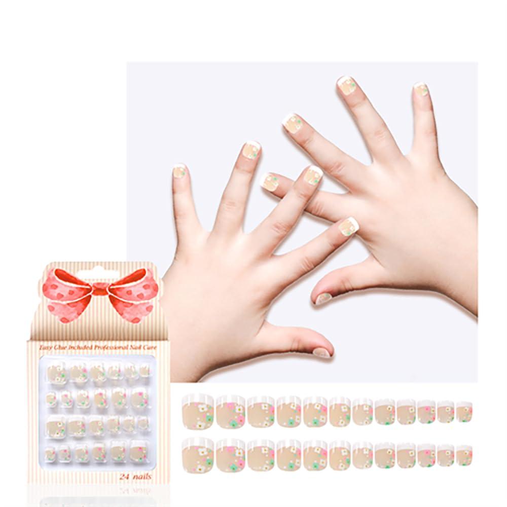 Kids Press on Nails Children Fake Nails Artificial Nail Tips Adhesive Full Cover Short False Fingernails for Girls Kids Nail Decoration (Flower French)