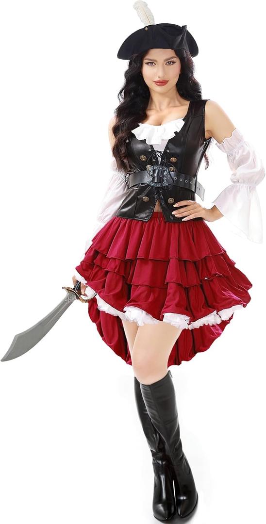 Funna Pirate Costume Women Adult Outfit 5 Piece with Hat Pirate Skirt Belt (X-Large (16-18), Black)