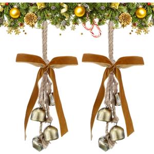 2 Pcs Rustic Christmas Bells with Neutral Velvet Ribbon Bows Christmas Metal Bells Hanging Ornament Xmas Tree Wall Door Wreath Decoration for Rustic Farmhouse Holiday Decoration