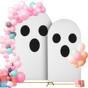 2 Pcs Ghost Arch Backdrop Covers for Halloween Party Decors, 7.2ft and 6ft Double-Sided Backdrop Halloween Party Background with Stretchy Milk Silk for Photo Baby Shower Arch Home Decor