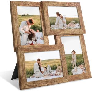YESKAY 4x6 Collage Picture Frames Set of 1, Multi Family Photo Frame with Real Glass, Displays Four 4x6 Photo, Wall Decor Wall Hanging or Tabletop, Distressed Brown