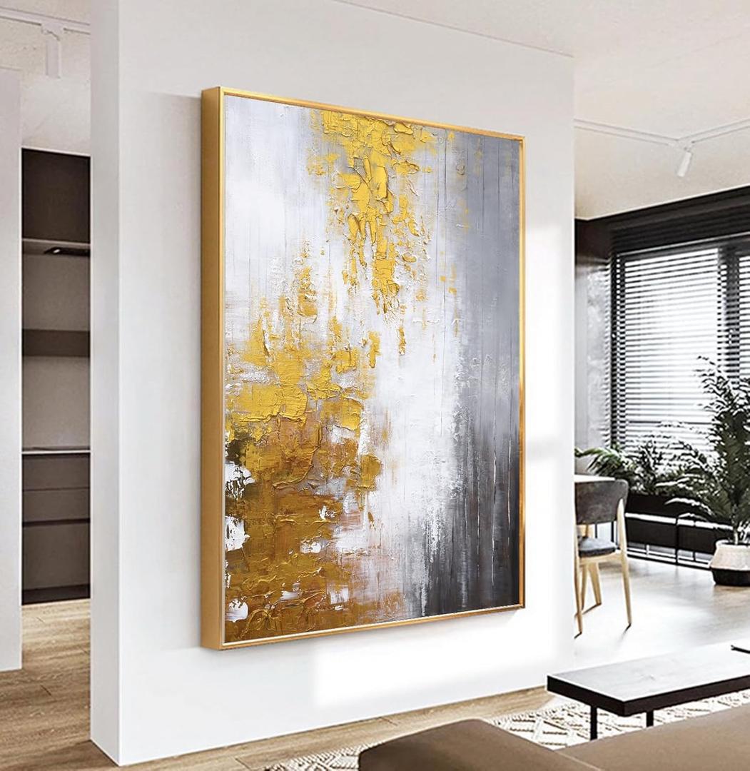 3D Textured Abstract Framed Wall Art for Living Room- Hand Painted Gold and White Abstract Oil Painting for Office-Large Modern Wall Decor for Corridor Stairwell Ready to Hang 28X40inches (GADP-309-S)