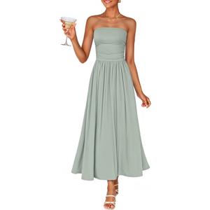 ZESICA Women's Summer Sleeveless Midi Dress 2026 Strapless Ruched A Line Flowy Wedding Guest Party Beach Long Dresses (M)