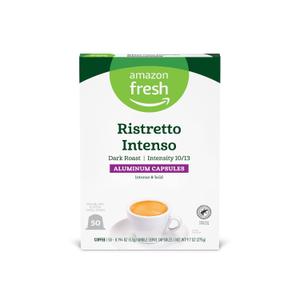  Amazon Fresh Ristretto Intenso Dark Roast Aluminum Capsules, Compatible with Nespresso Original Brewers, Intensity 10/13, 50 Count (5 Packs of 10), BB Date: 04/22/2026